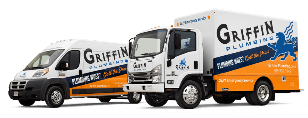 A pair of branded Griffin Plumbing service vehicles—a van and a box truck—featuring the blue lion logo and the slogan 'Plumbing Woes? Call the Pros!